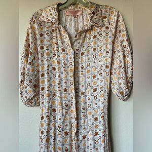 Scandal Italy Chiara midi dress silky sun moon summer beige tie waist button